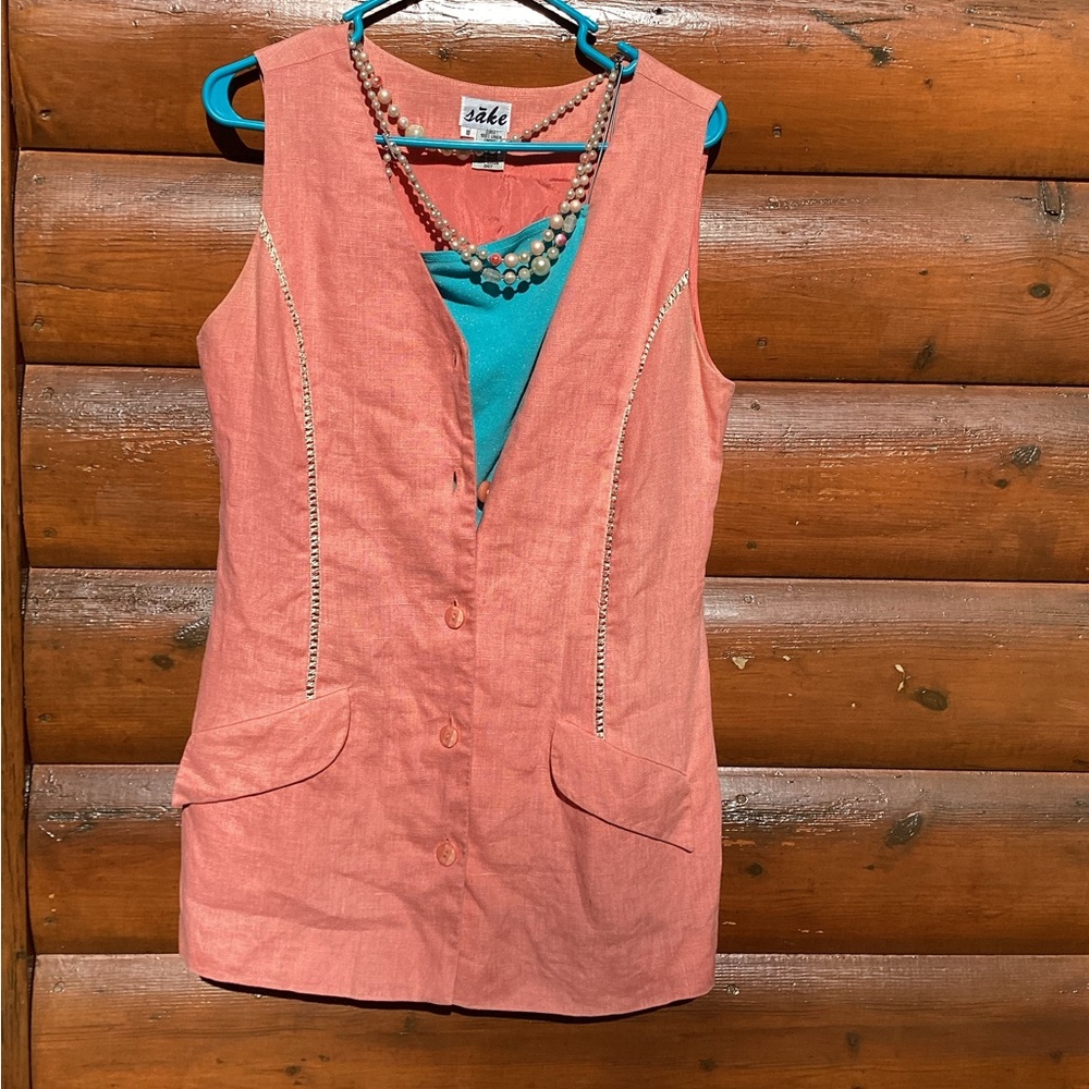 🪸 CORAL LINEN Vintage VEST/Blazer By Designer Sake EUC